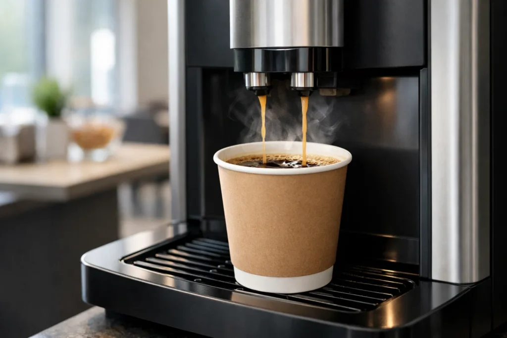 Coffee vending machine dispensing a hot cup of coffee in an office environment