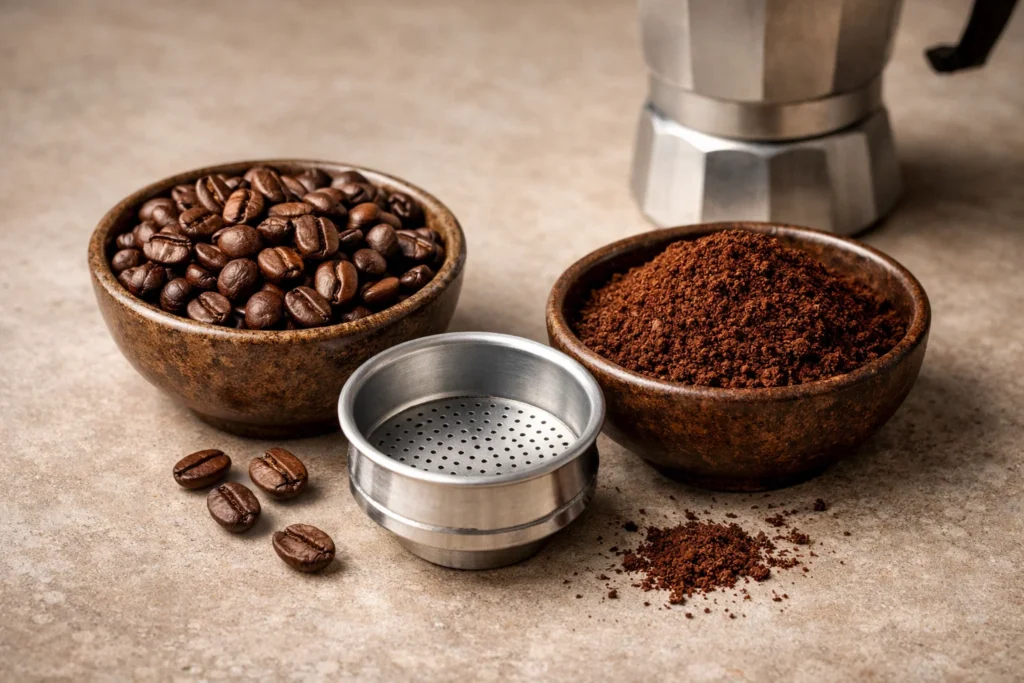 Best coffee beans and grind size for brewing coffee in a Moka pot