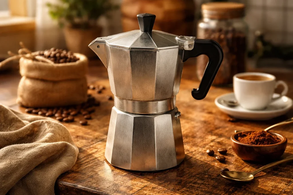 Traditional aluminum stovetop Moka pot coffee maker