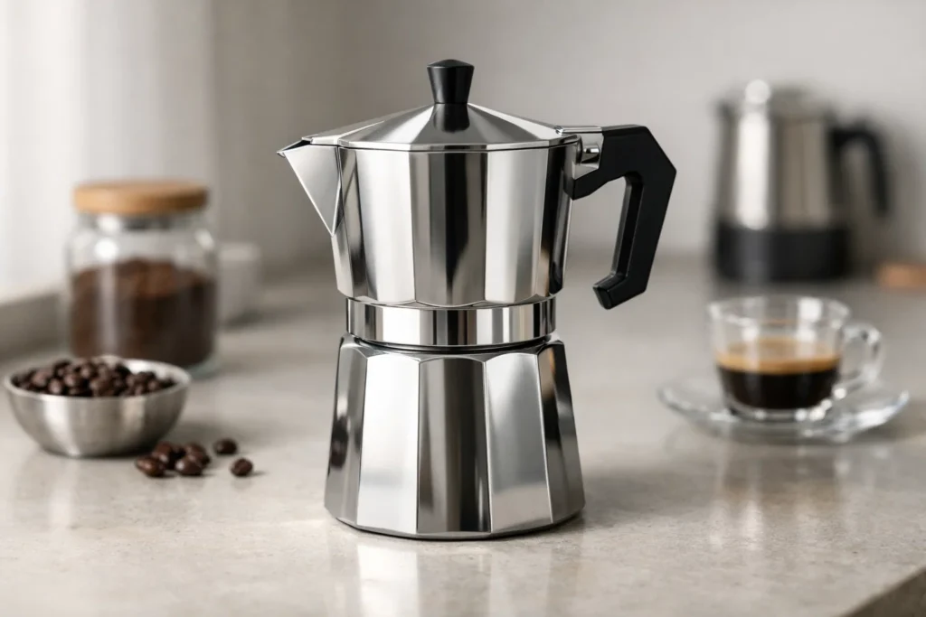 Stainless steel Moka coffee maker with modern design.