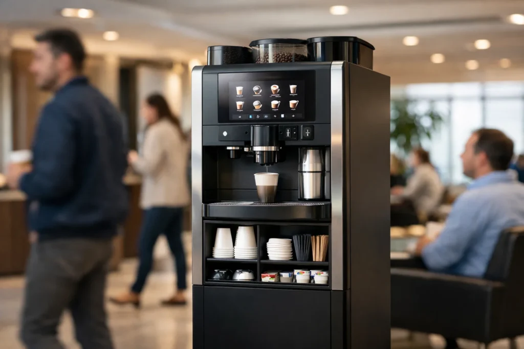 Coffee vending machine installed in a public place for quick coffee access