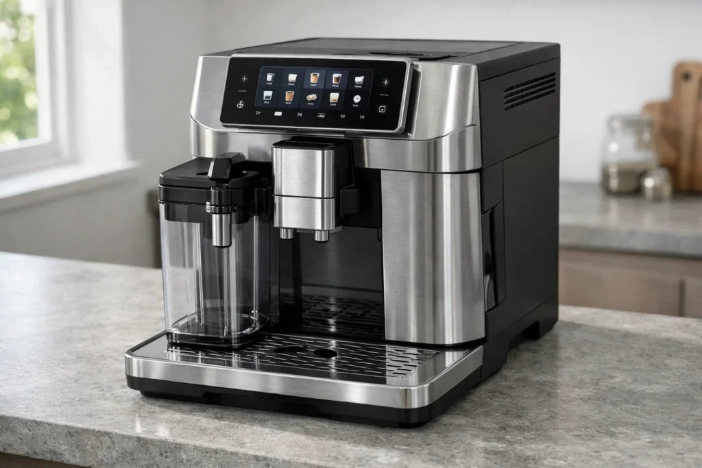 De’Longhi Eletta Explore coffee machine on a modern kitchen counter.