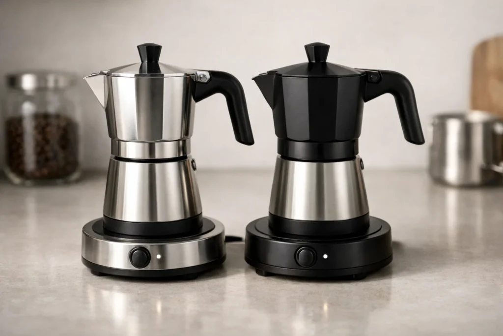 Electric Moka pot brewing fresh coffee at home