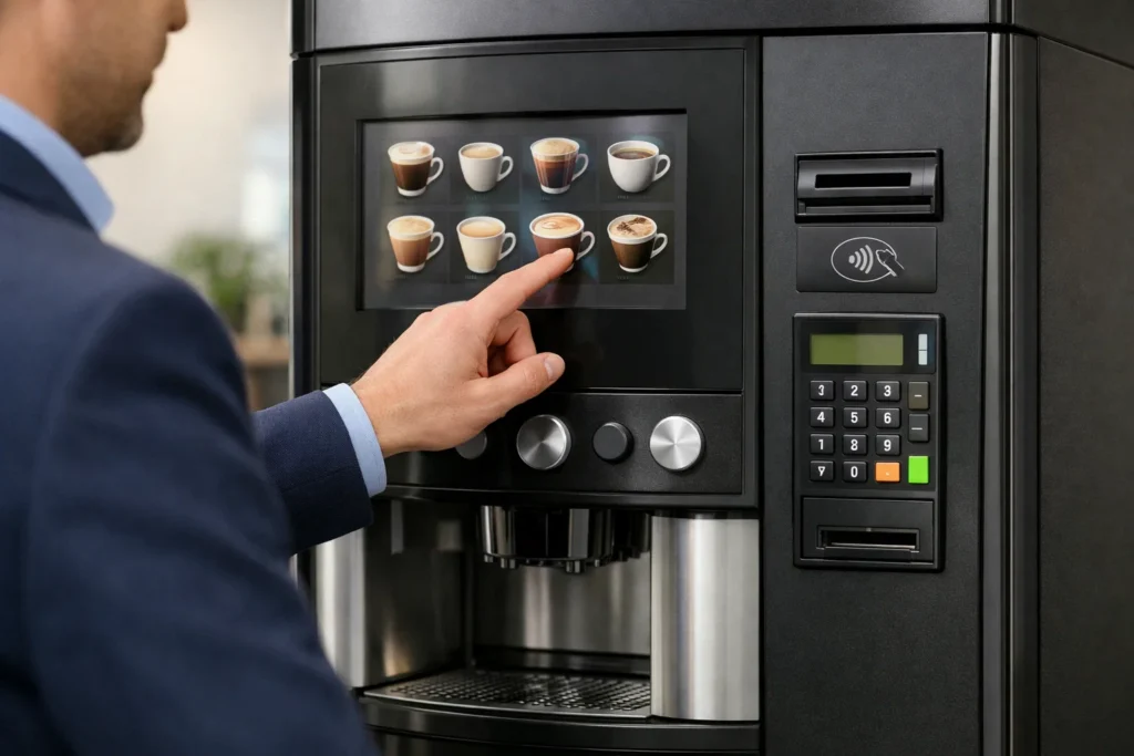 Person selecting options on a coffee vending machine for best coffee choice