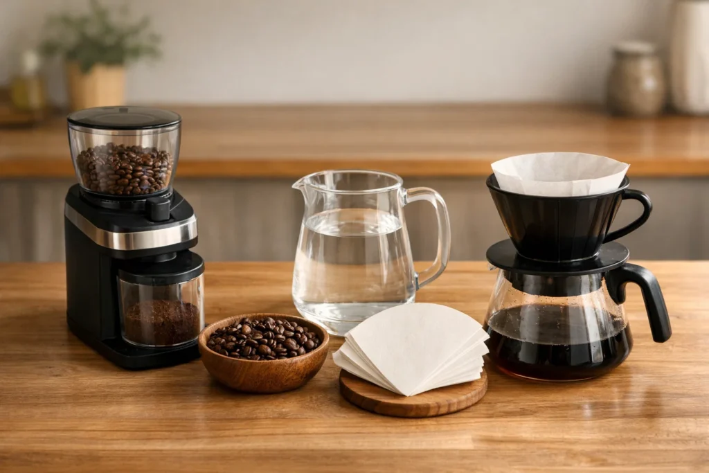 Home coffee brewing setup with fresh beans, grinder, and drip coffee maker