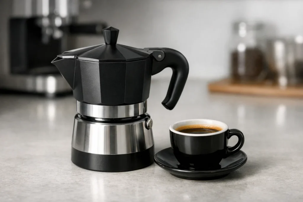 Espresso-style Moka pot coffee maker used for strong coffee