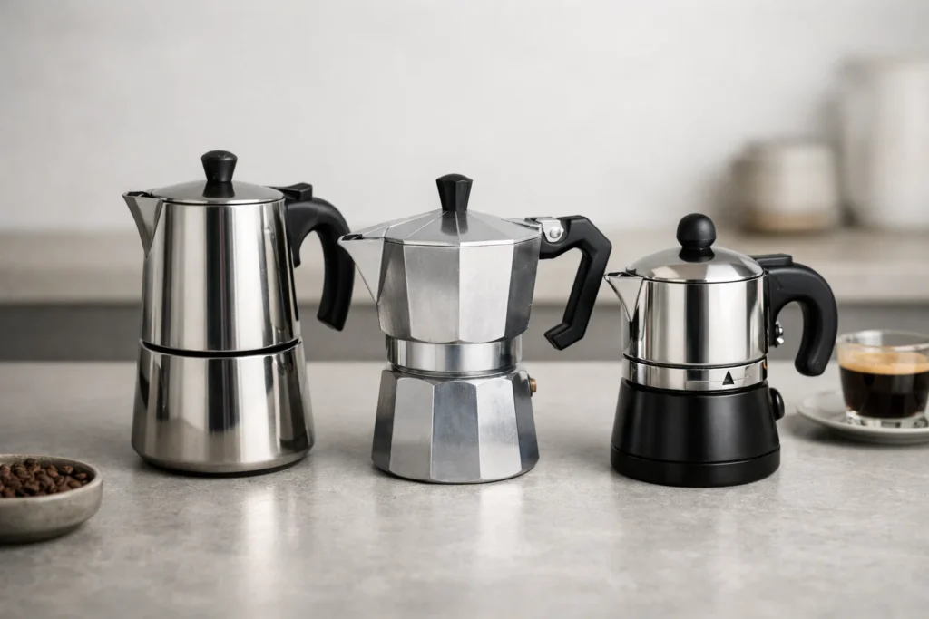 Different types of Moka coffee makers used for stovetop coffee brewing.