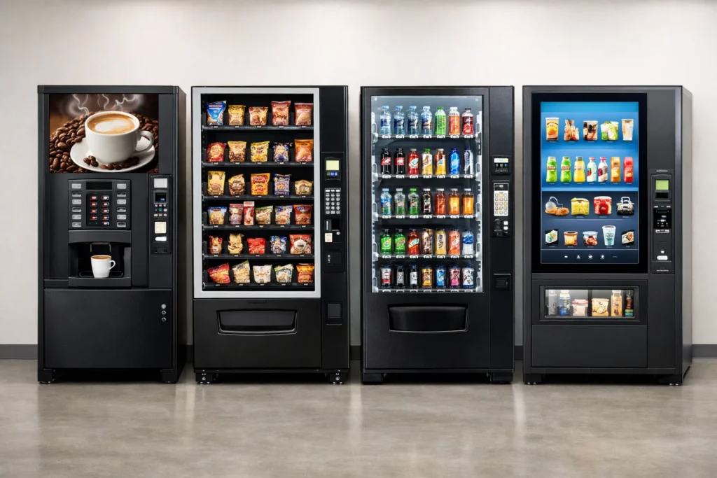 Different types of vending machines including coffee, snack, and drink machines