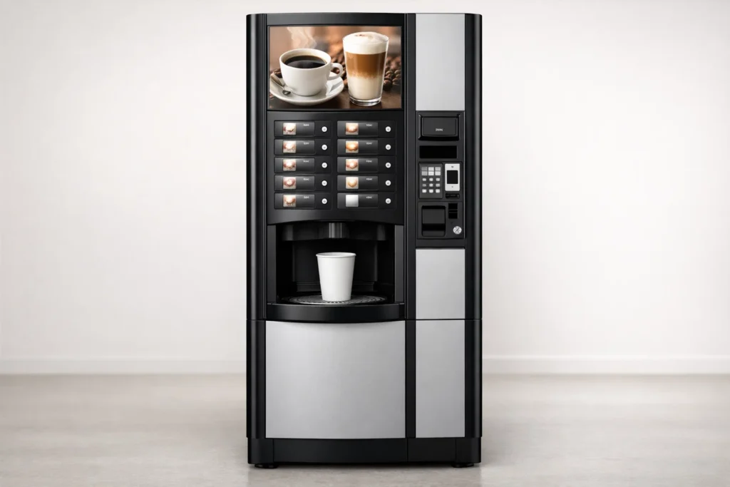 Coffee vending machine with drink selection buttons and cup dispenser