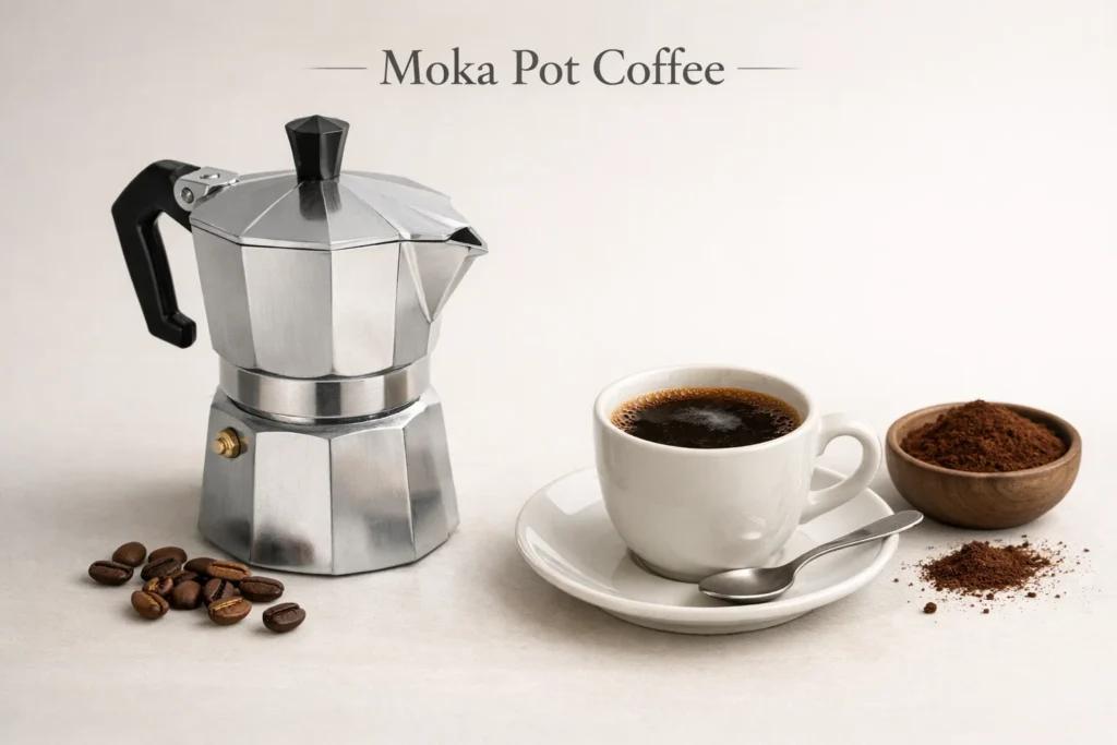 What is Moka pot coffee served in a small cup beside a traditional Moka pot
