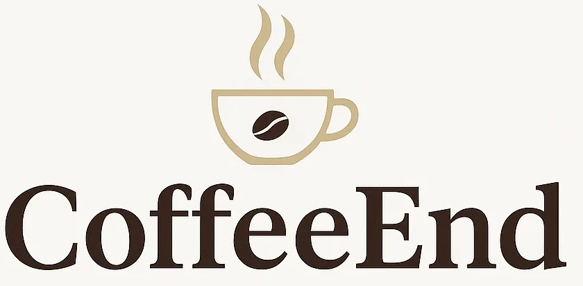 CoffeeEnd logo featuring a coffee cup as the letter O with steam lines and a bean detail, modern serif typography, espresso brown on white background.