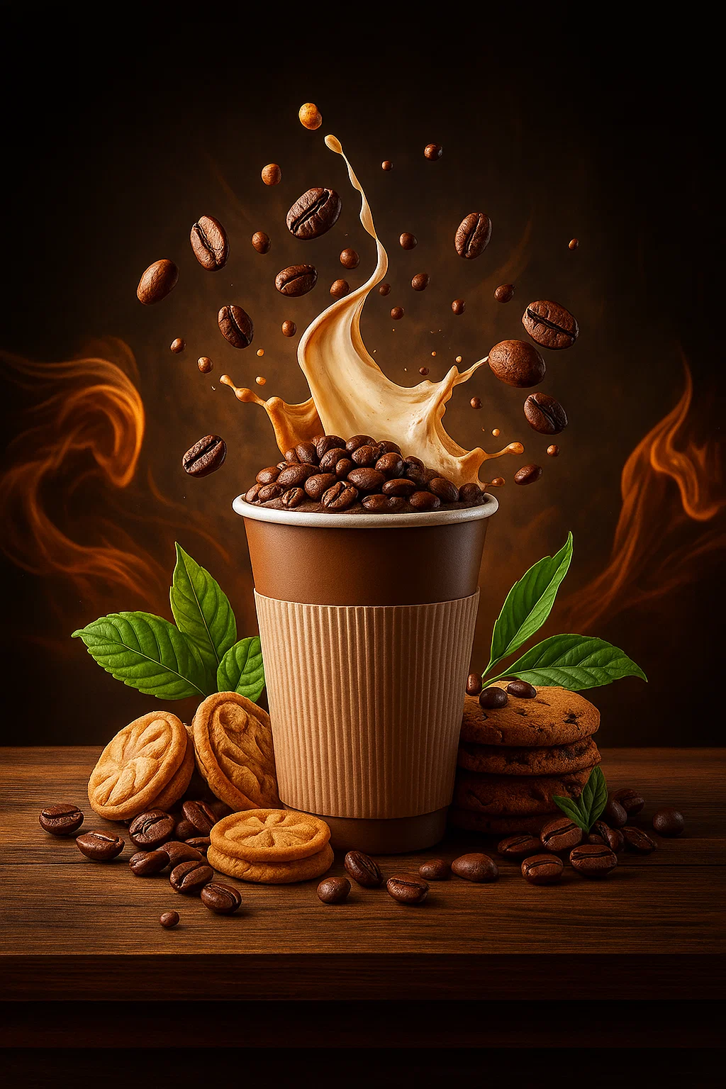 Artistic coffee splash with roasted beans, cookies, and fresh green leaves in a takeaway cup on wooden table.