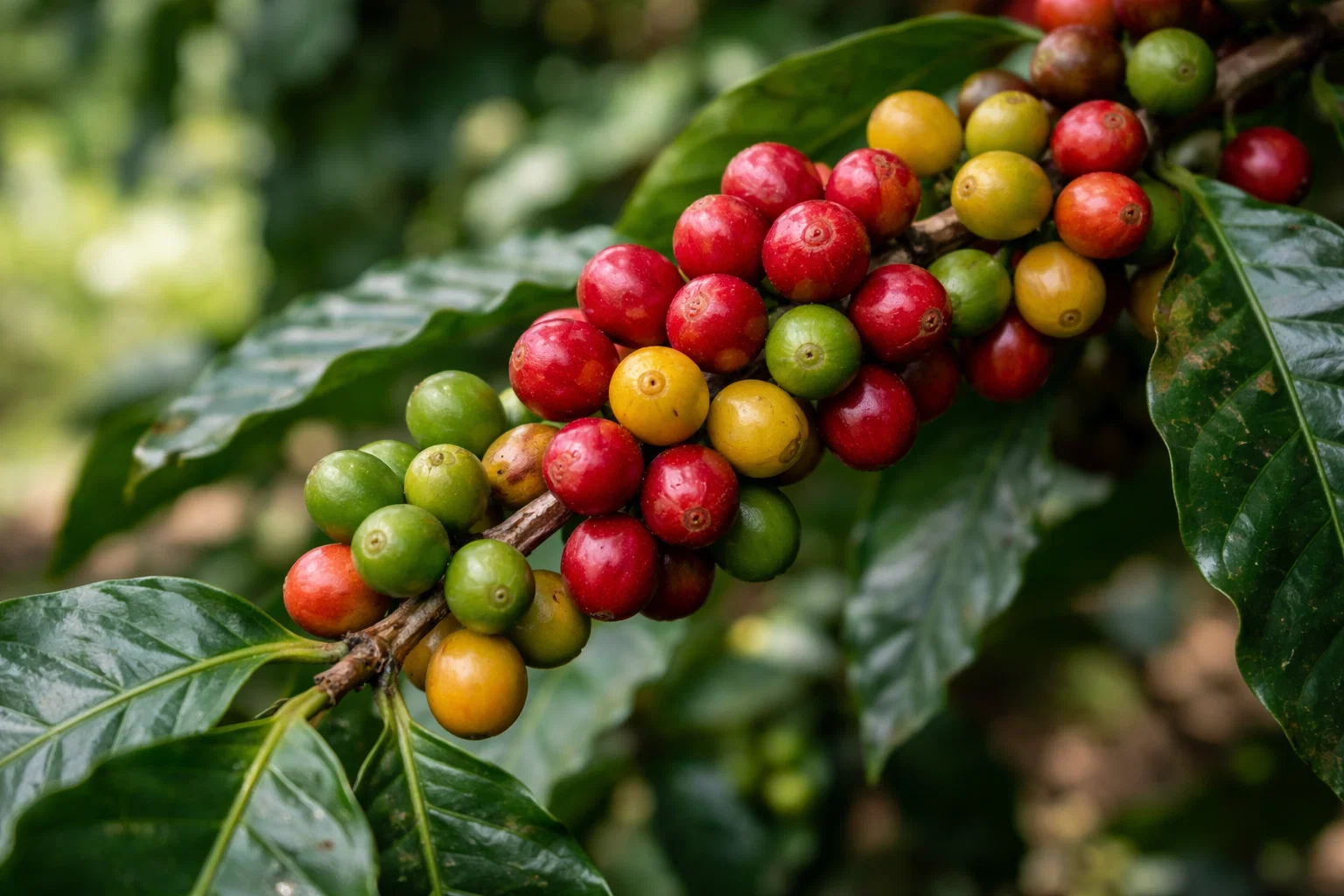 Arabica coffee cherries growing on a coffee plant branch.