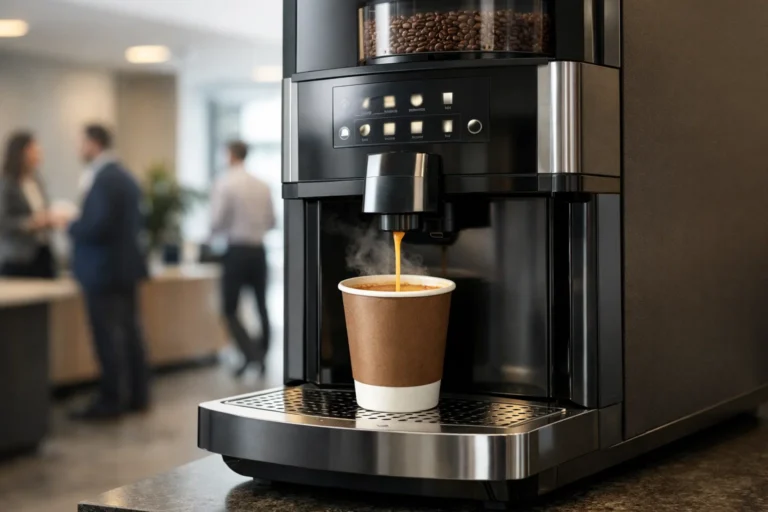Best coffee vending machine installed in an office space dispensing hot coffee