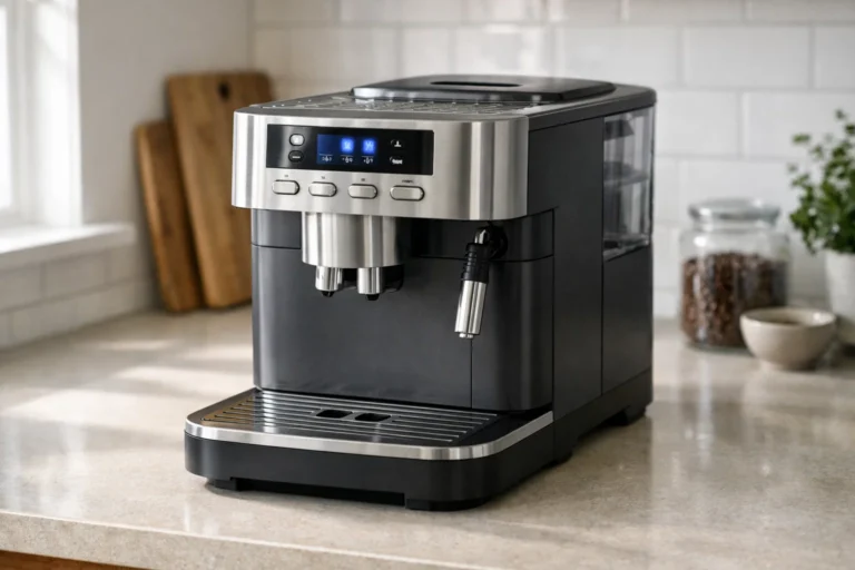 De’Longhi coffee machine displayed on a modern kitchen counter.