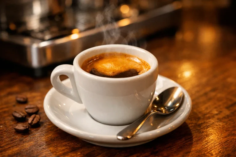 Doppio coffee served as a double shot of espresso with rich crema in a demitasse cup