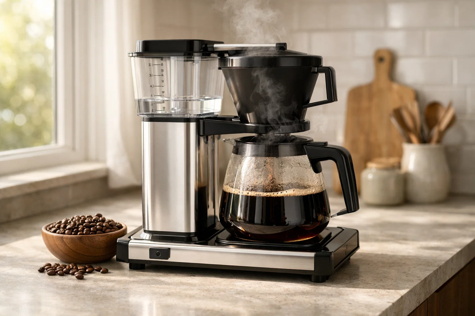 Technivorm Moccamaster KBGV Select review drip coffee maker brewing fresh coffee in a modern kitchen
